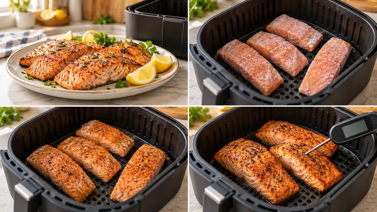 Cooked frozen salmon fillets with lemon beside an open air fryer.