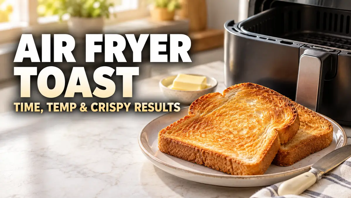 Golden brown slices of toast on a plate with butter and air fryer in the background.