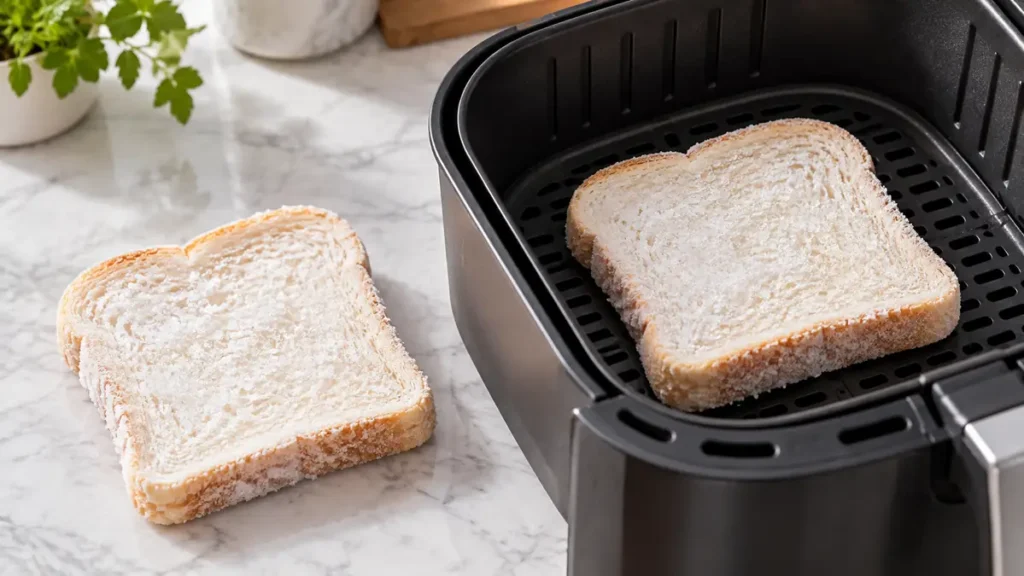 Two slices of white bread in an air fryer basket, one outside.