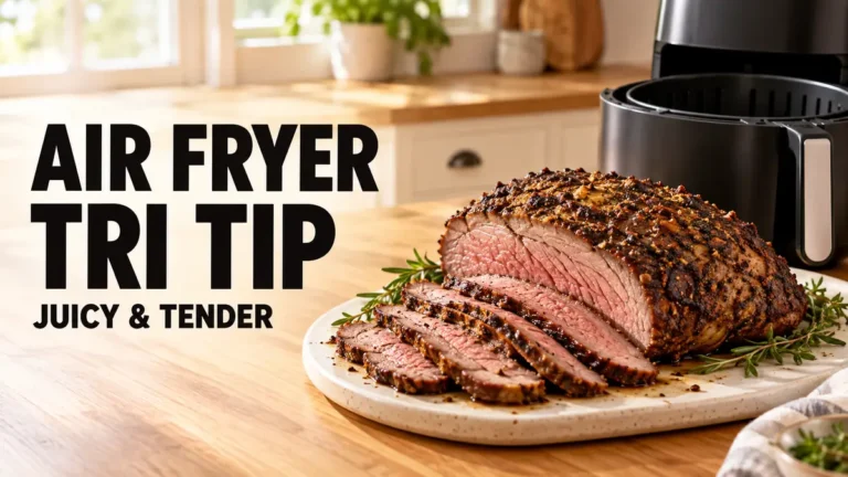 Sliced air fryer tri tip on a cutting board