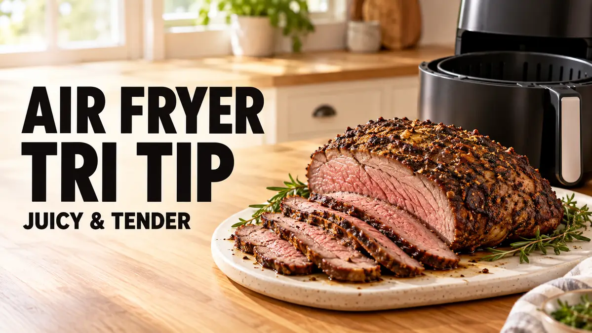 Sliced air fryer tri tip on a cutting board