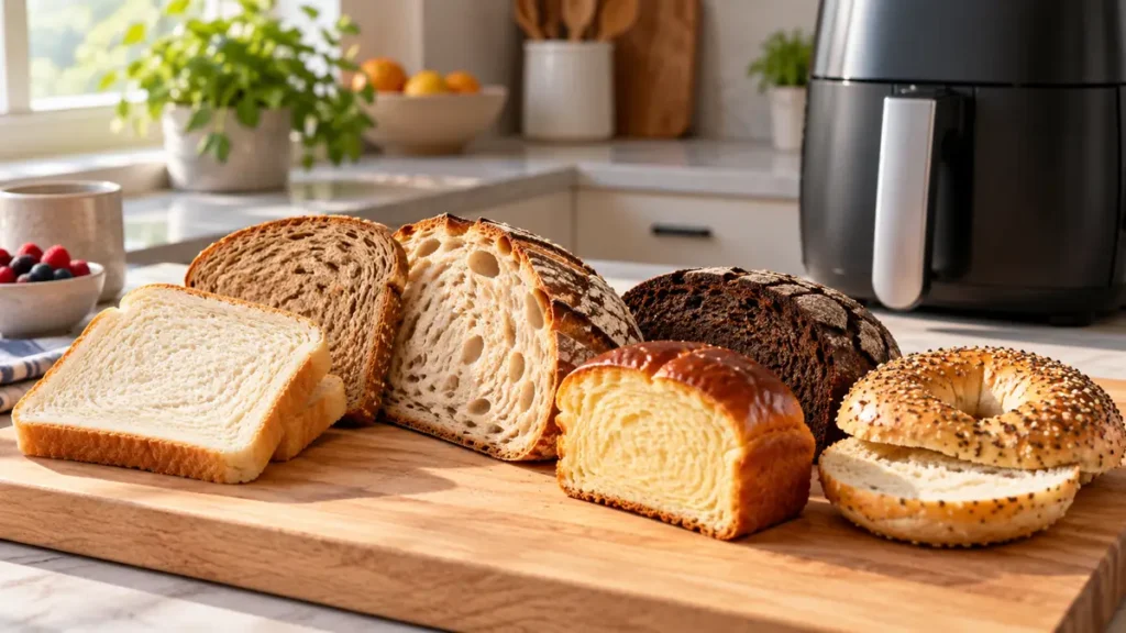 Variety of bread loaves and a bagel on a wooden cutting board