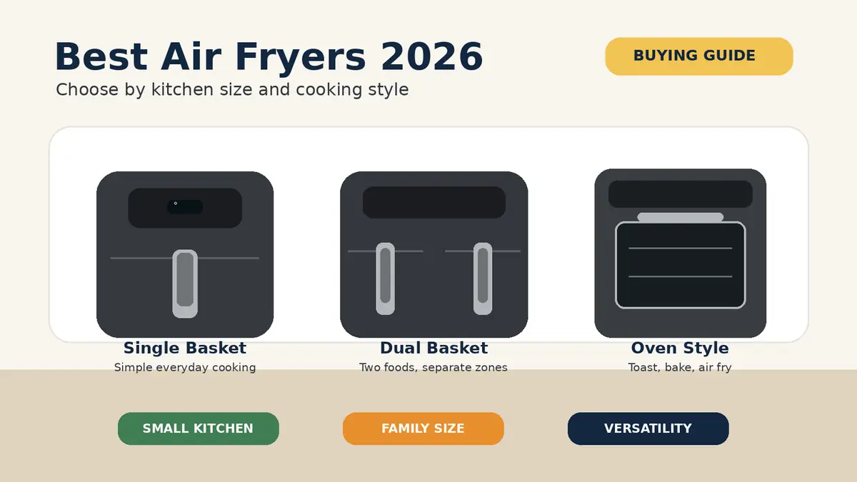 Best Air Fryers 2026: 7 Picks for Every Kitchen 1 Illustrated comparison of single-basket, dual-basket, and oven-style air fryers