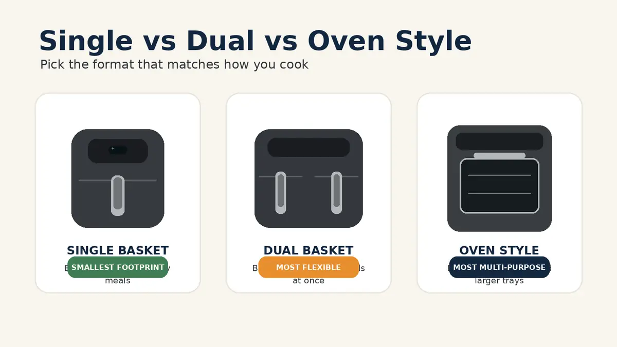 Best Air Fryers 2026: 7 Picks for Every Kitchen 2 Illustrated comparison of single-basket, dual-basket, and oven-style air fryer formats