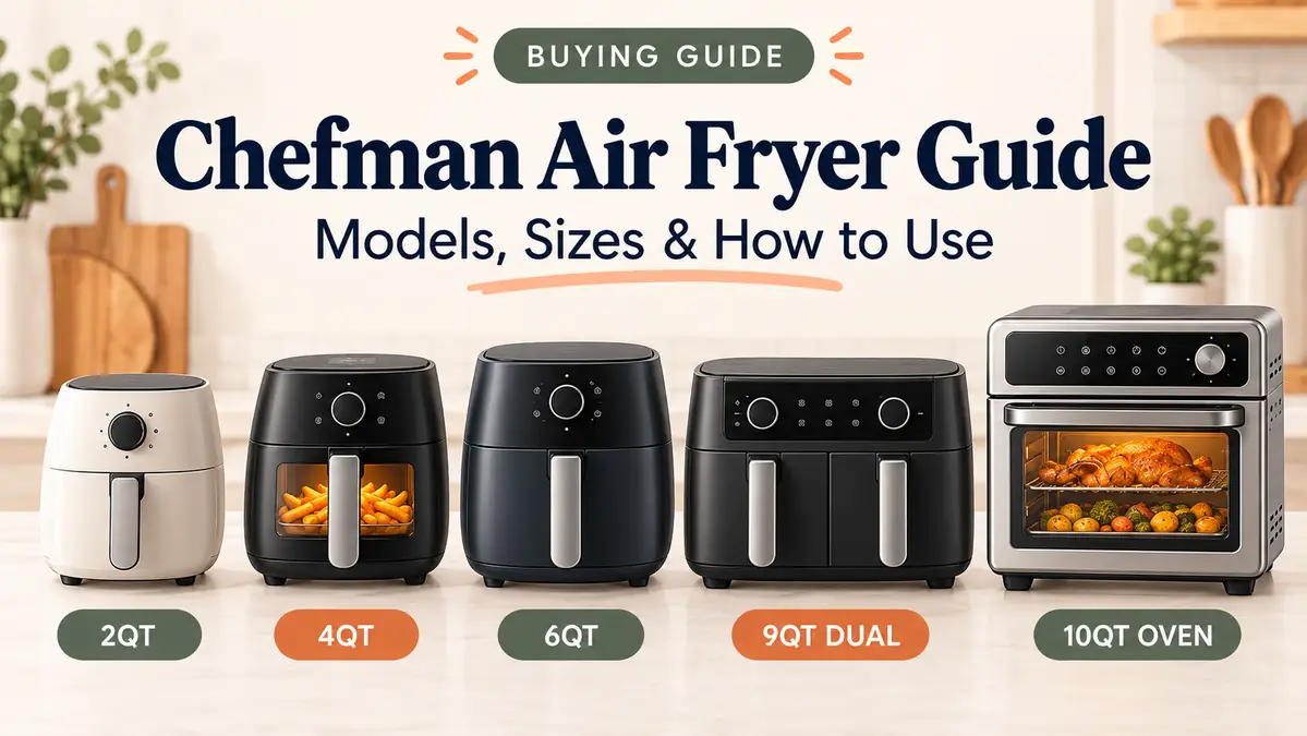 Chefman Air Fryer Guide: Models, Sizes & How to Use 1 Illustrated Chefman air fryer buying guide showing generic 2QT, 4QT, 6QT, dual-basket, and oven-style air fryer formats