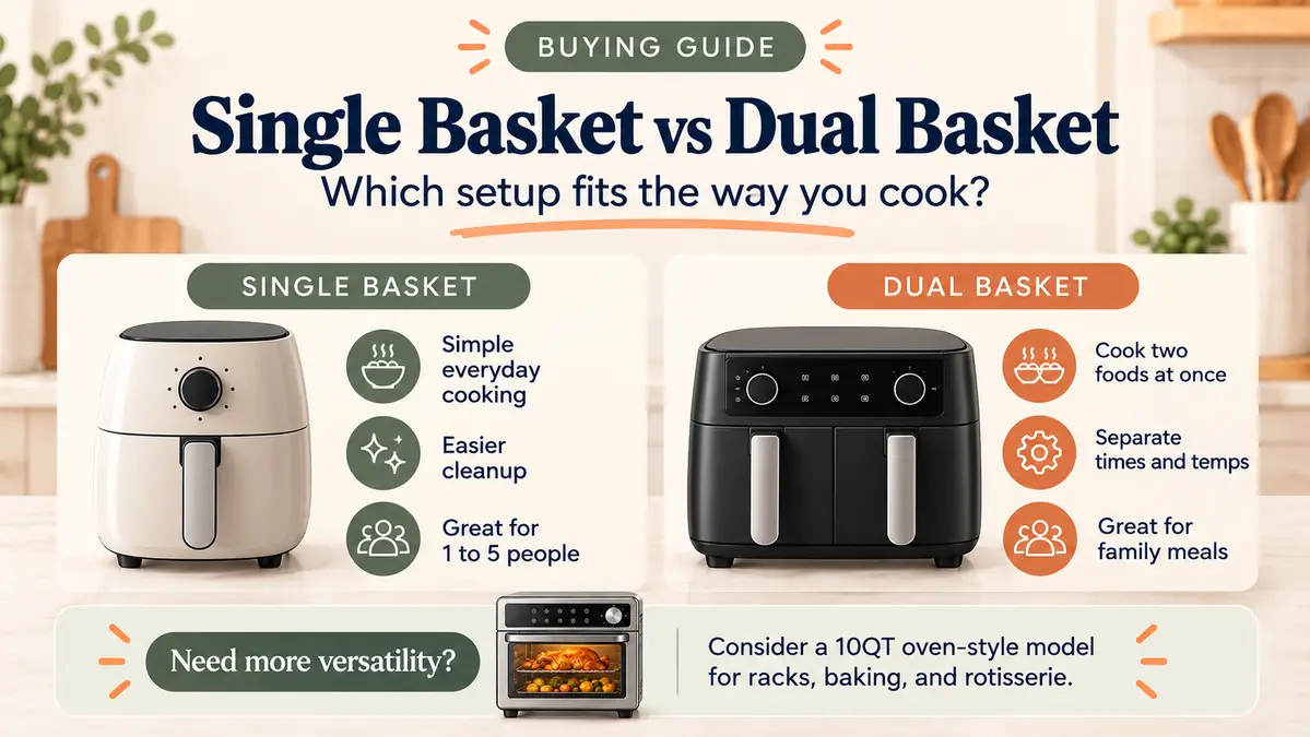 Chefman Air Fryer Guide: Models, Sizes & How to Use 3 Editorial comparison of generic single-basket and dual-basket air fryer formats with simple cooking and cleanup tradeoffs