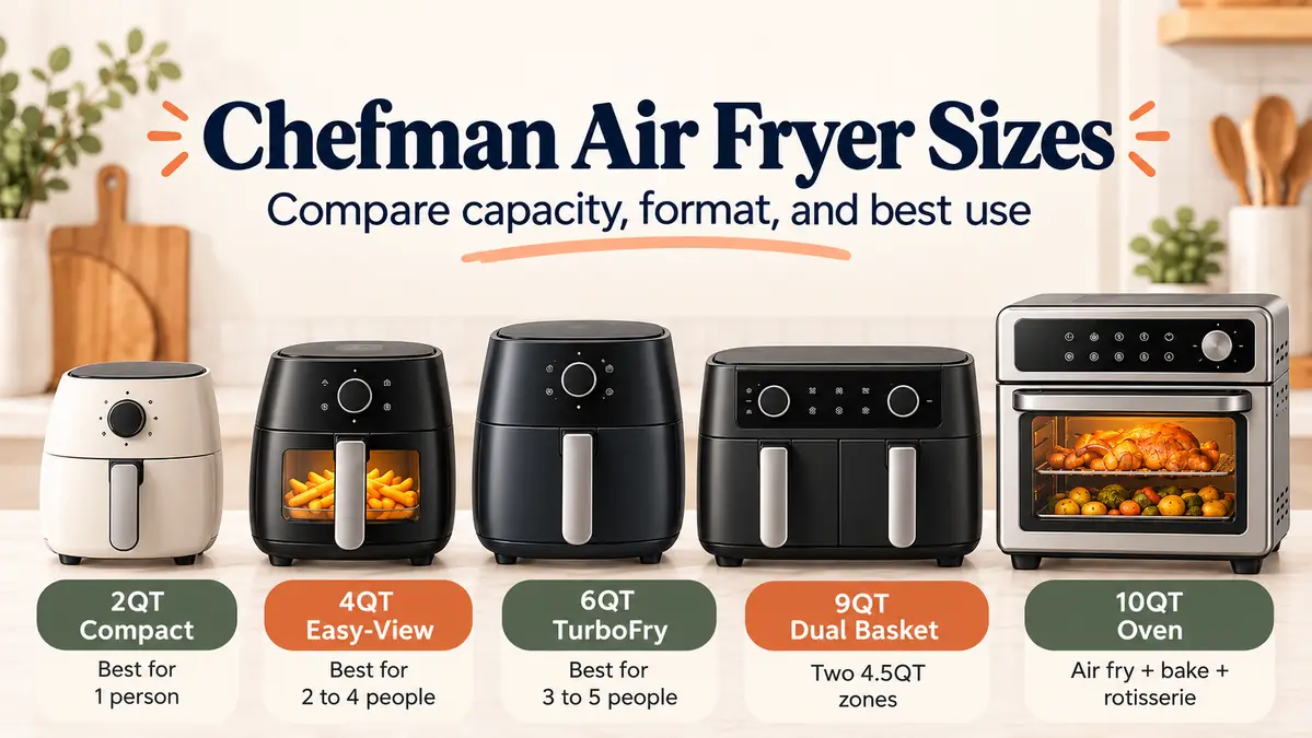 Chefman Air Fryer Guide: Models, Sizes & How to Use 2 Illustrated comparison of generic 2QT, 4QT, 6QT, 9QT dual-basket, and 10QT oven-style air fryer sizes