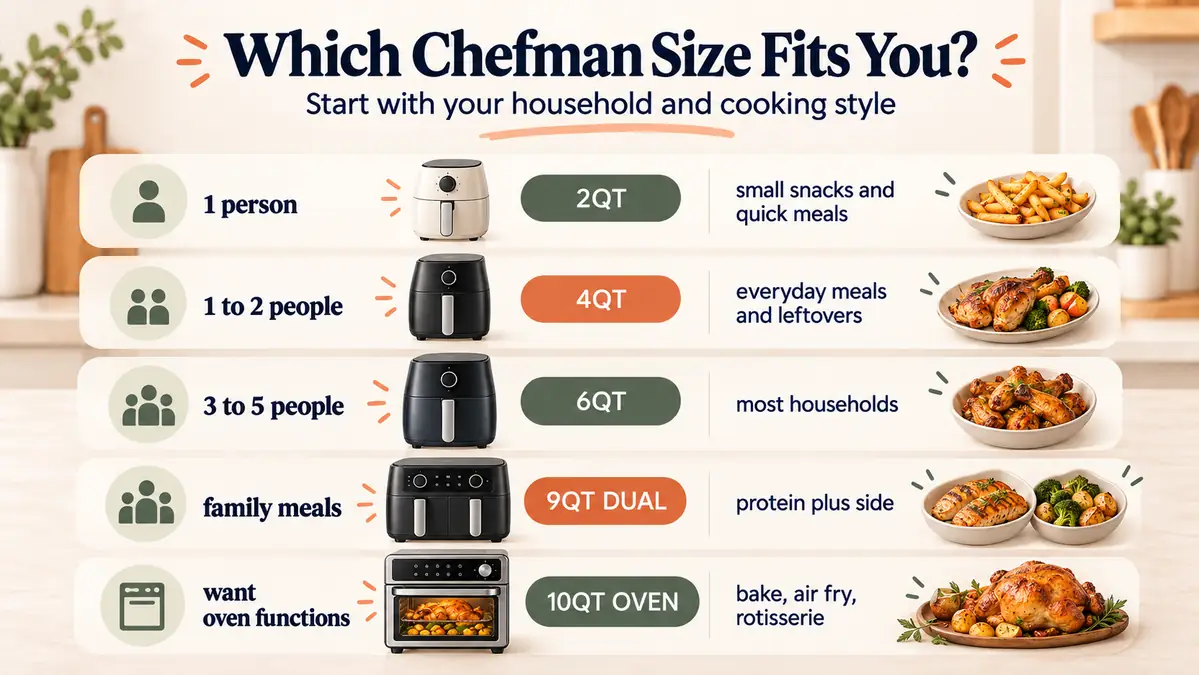 Chefman Air Fryer Guide: Models, Sizes & How to Use 4 Decision guide matching generic 2QT, 4QT, 6QT, 9QT dual-basket, and 10QT oven-style air fryer capacities to household needs