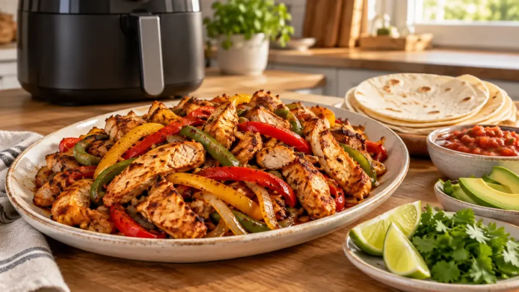 Air Fryer Chicken Fajitas: Juicy Chicken & Peppers 5 A plate of chicken fajitas with colorful peppers and tortillas