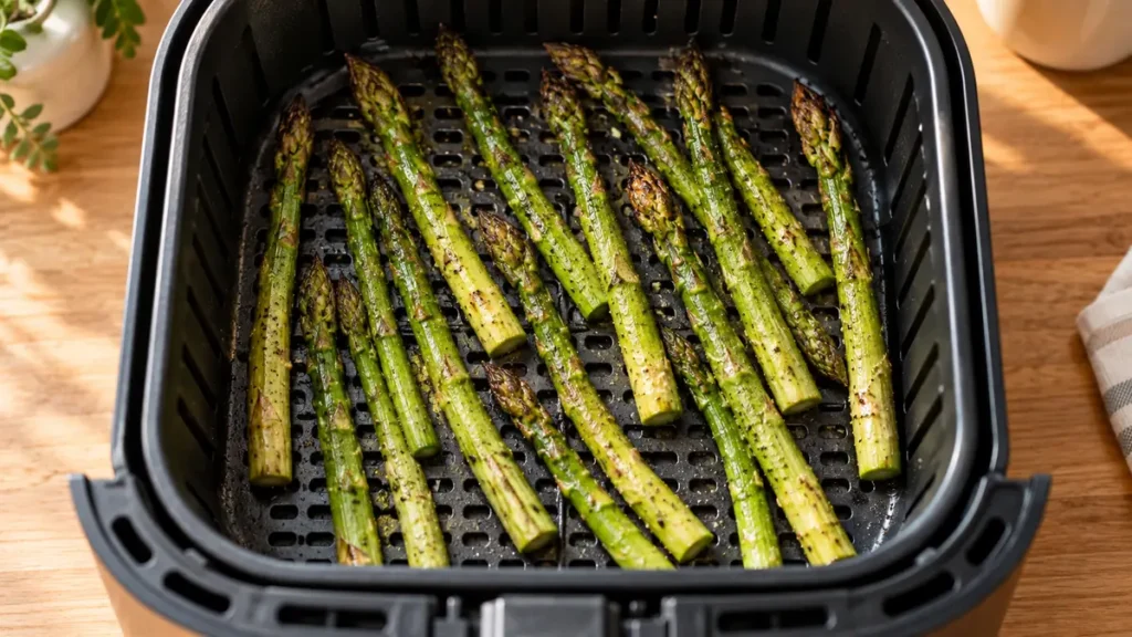 Cooked asparagus spears arranged in an air fryer basket.
