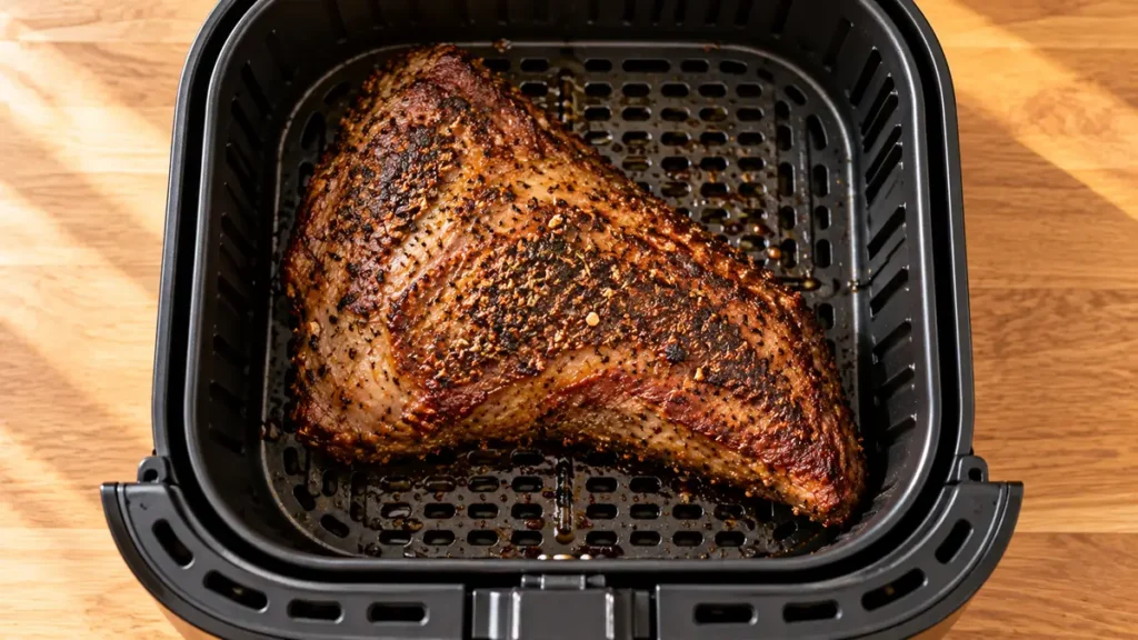 Cooked beef brisket in an air fryer basket