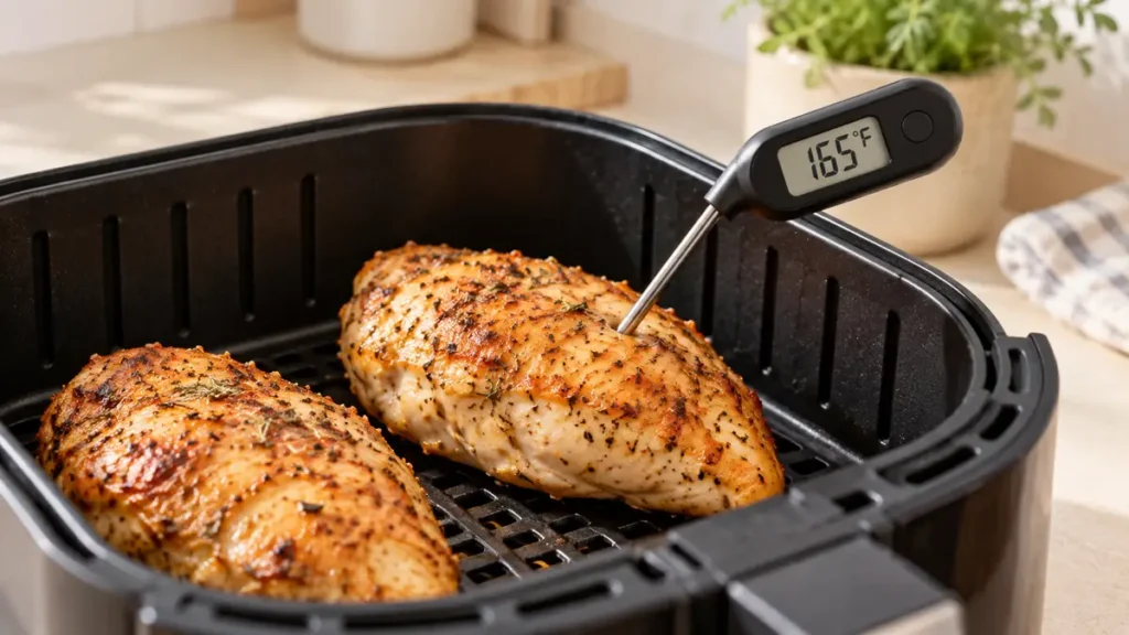 Two cooked chicken breasts in an air fryer with a meat thermometer inserted.
