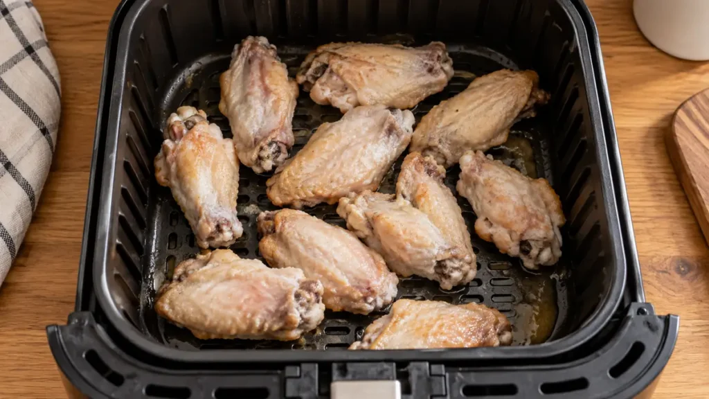 Cooked chicken wings placed in an air fryer basket.