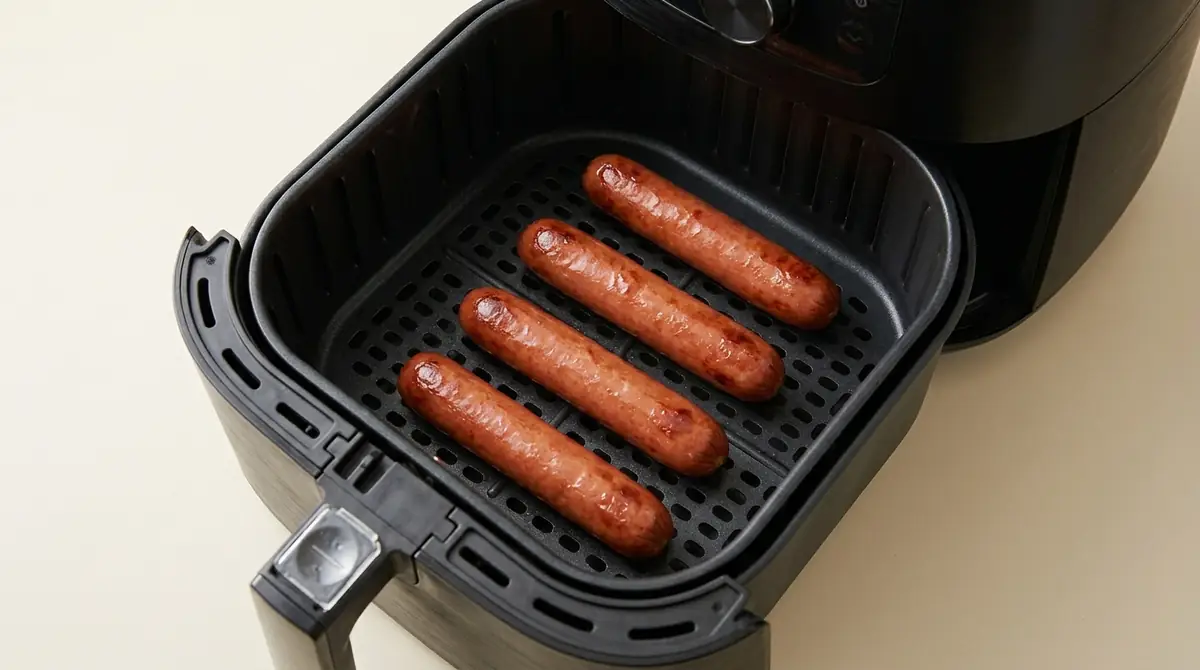 Lightly browned cooked hot dogs inside an air fryer basket.