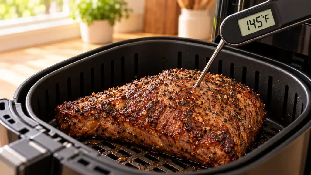 Juicy cooked meat with a thermometer showing 145°F.
