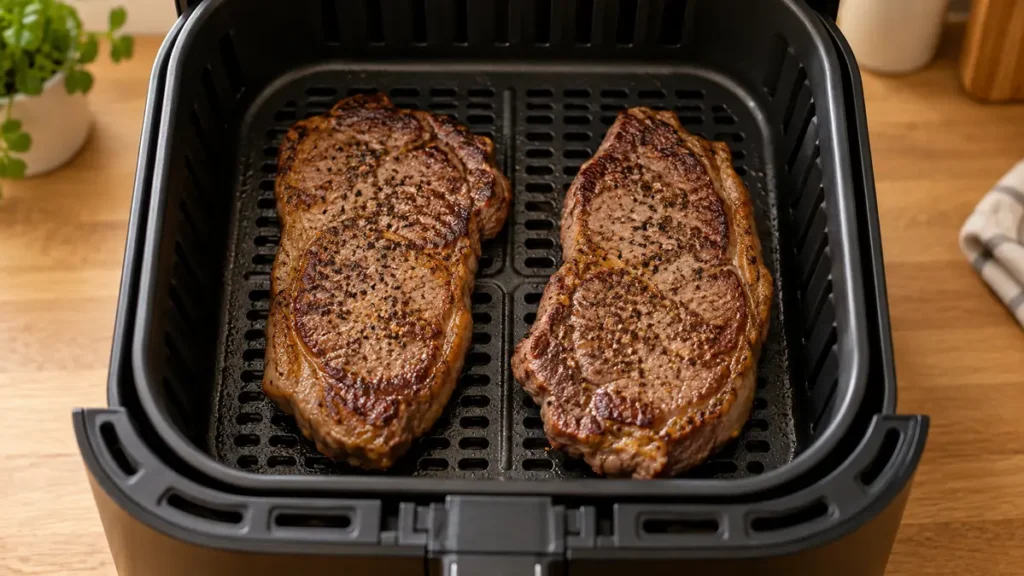 Two perfectly cooked ribeye steaks in an air fryer basket