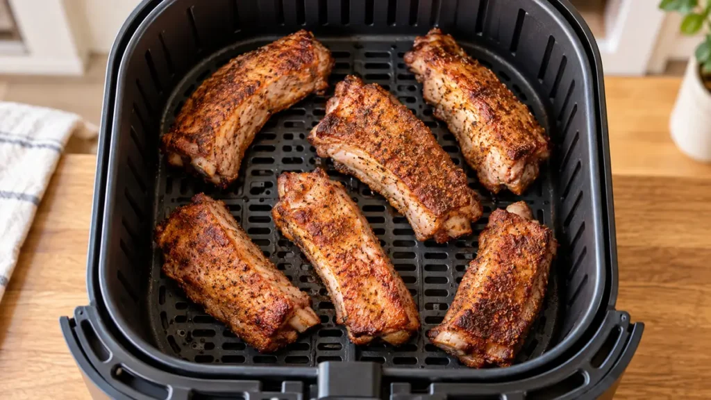 Country Style Ribs in Air Fryer: Tender, Juicy & Easy 3 Cooked ribs arranged in an air fryer basket