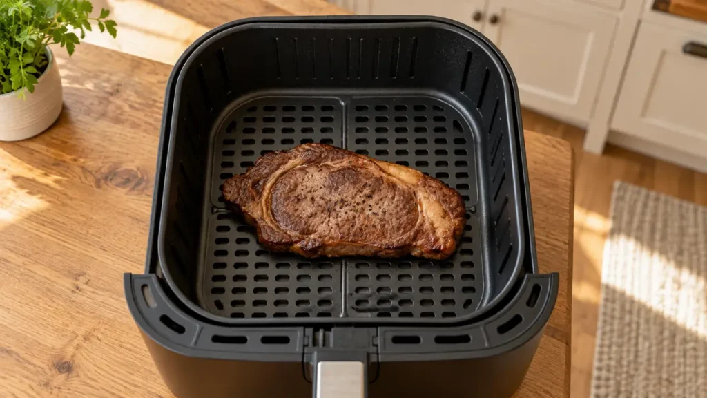 A cooked steak resting inside an air fryer basket.