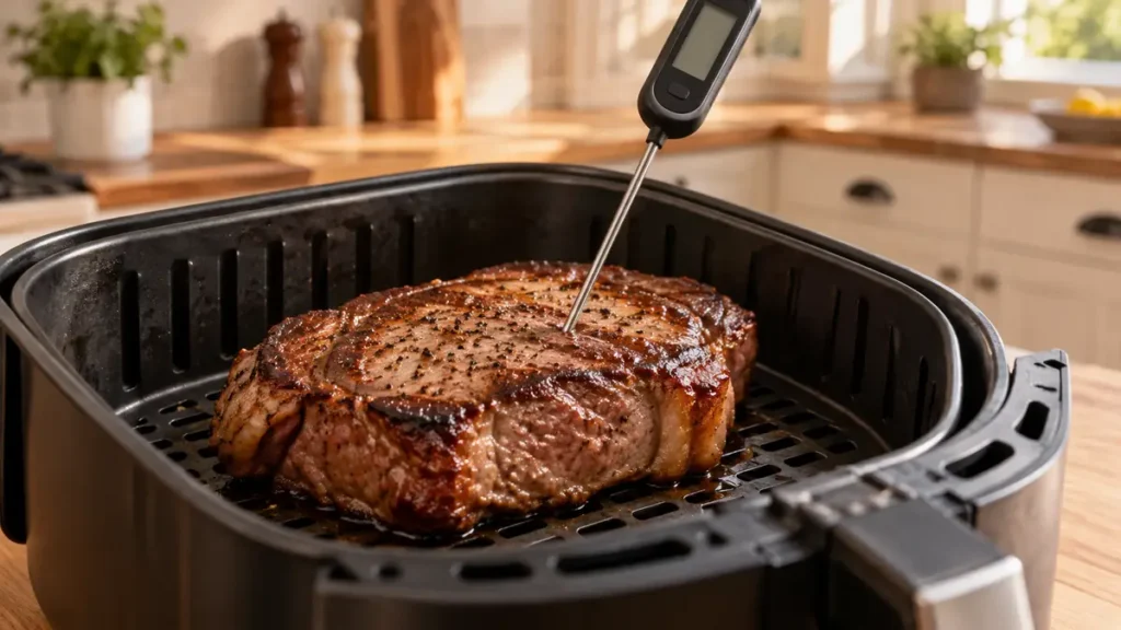 Juicy steak being measured with a thermometer in an air fryer.