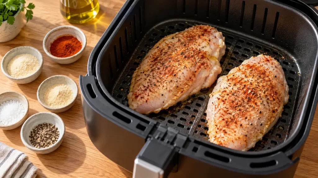 Two seasoned chicken breasts in an air fryer basket with spices and oil.