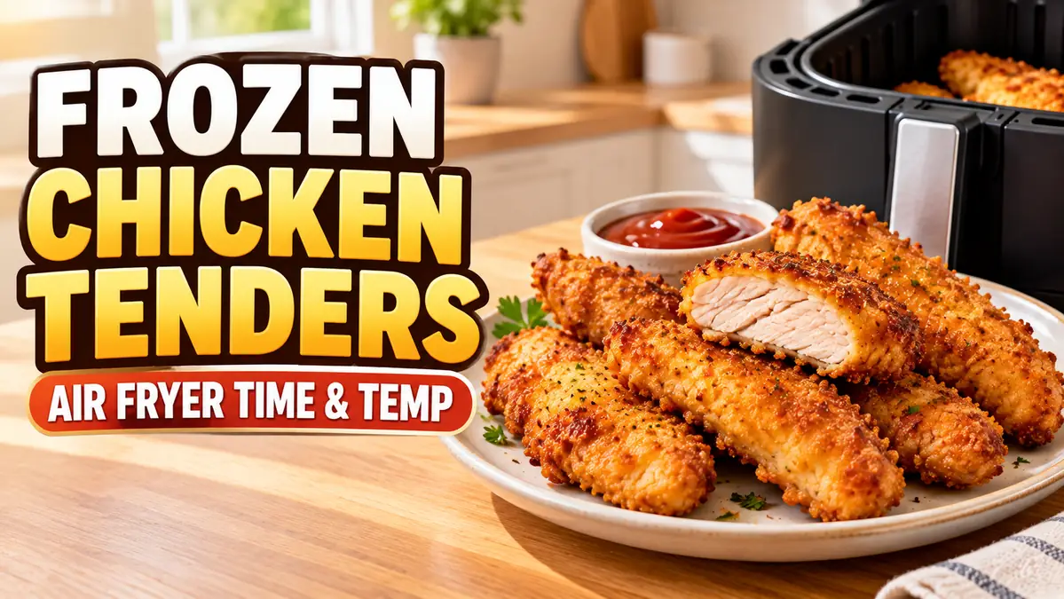 Golden brown chicken tenders on a plate with ketchup and an air fryer in the background.