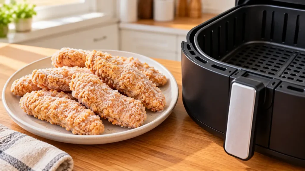 Plate of crispy chicken tenders next to an air fryer.