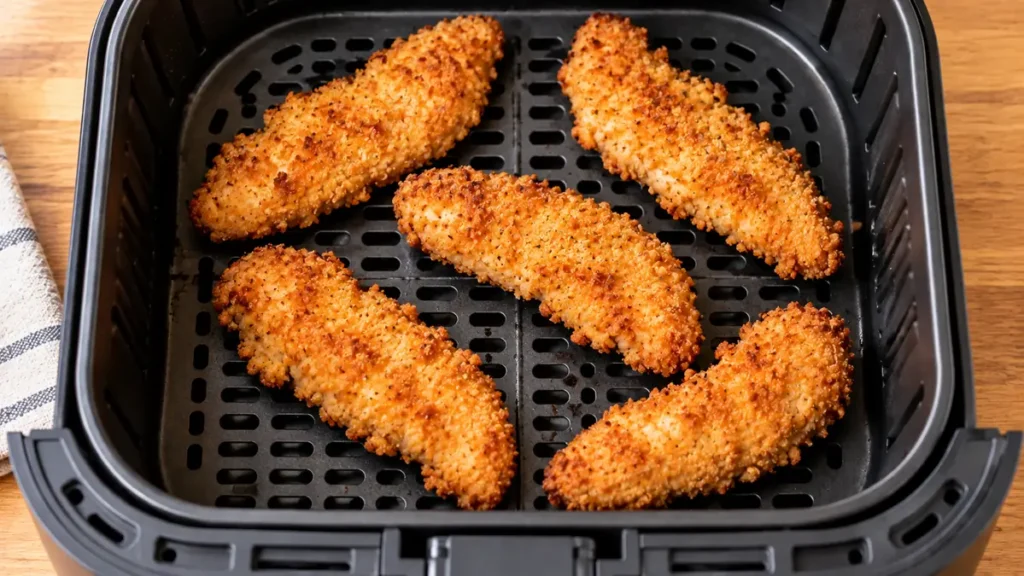 Five golden brown chicken tenders in an air fryer basket.