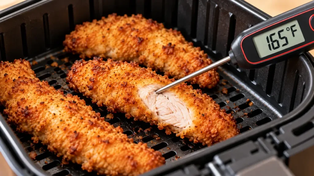 Crispy chicken tenders with a thermometer reading 165°F.