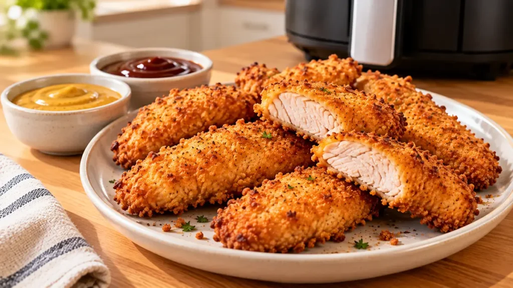 Golden-brown chicken tenders served with three dipping sauces.