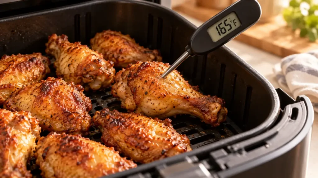 Crispy chicken wings with a temperature probe measuring 165°F.