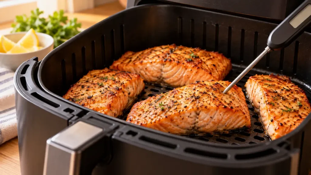 Golden cooked salmon fillets with herbs in an air fryer basket.