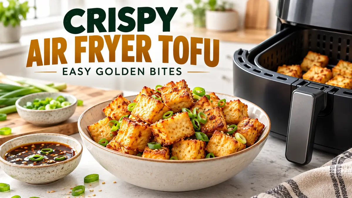 Crispy Tofu in Air Fryer: Easy Golden Bites 3 Golden crispy air fryer tofu cubes beside an open basket-style air fryer