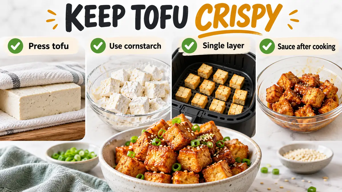 Crispy Tofu in Air Fryer: Easy Golden Bites 2 Crispy air fryer tofu guide showing pressing extra-firm tofu, cornstarch, a single layer, and sauce after cooking