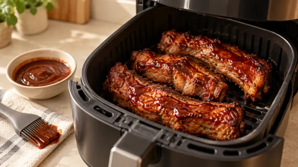 Country Style Ribs in Air Fryer: Tender, Juicy & Easy 4 Three juicy ribs with barbecue sauce in an air fryer.