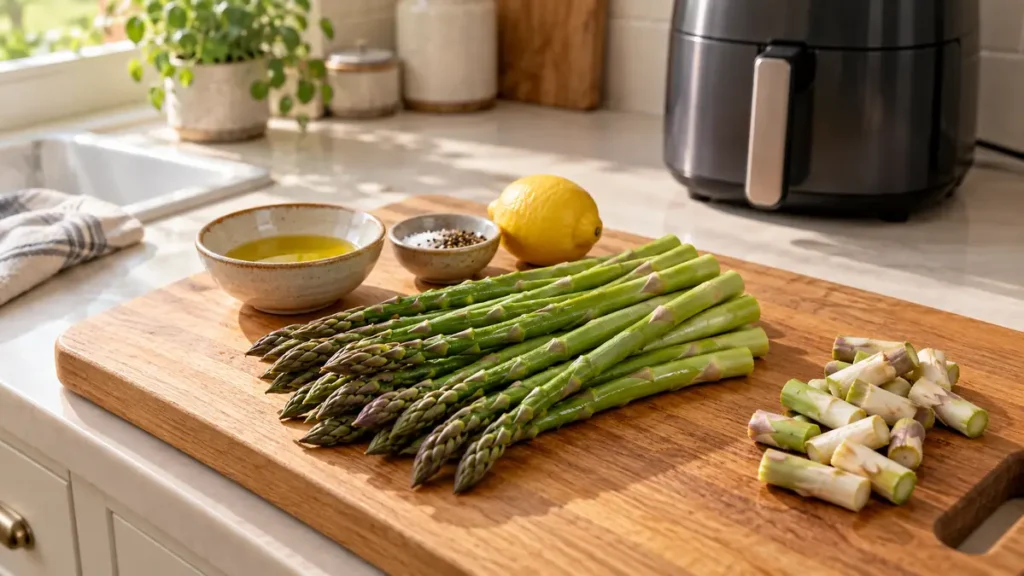 Fresh asparagus with lemon and olive oil on a kitchen counter.