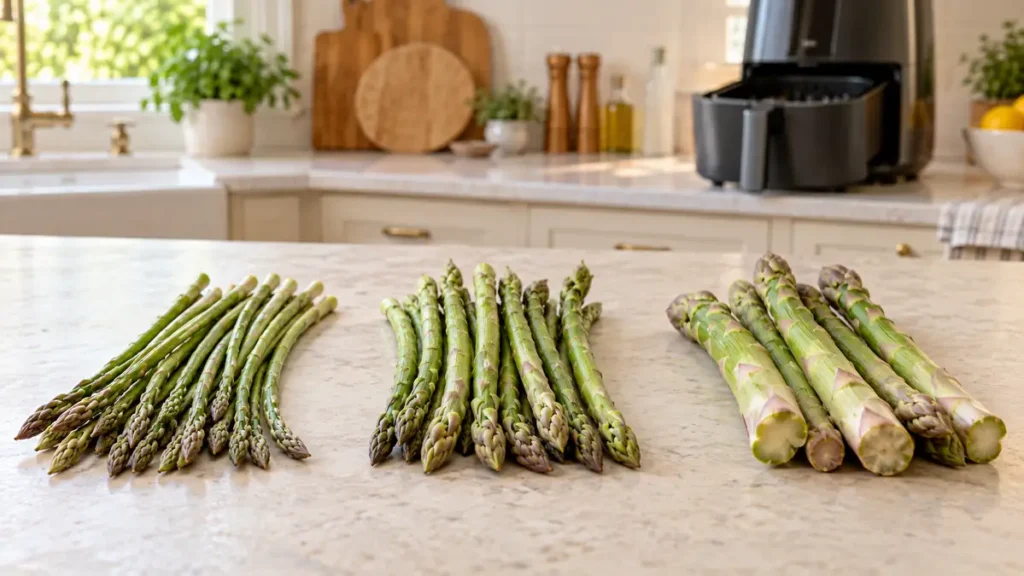 Fresh asparagus displayed on a kitchen counter