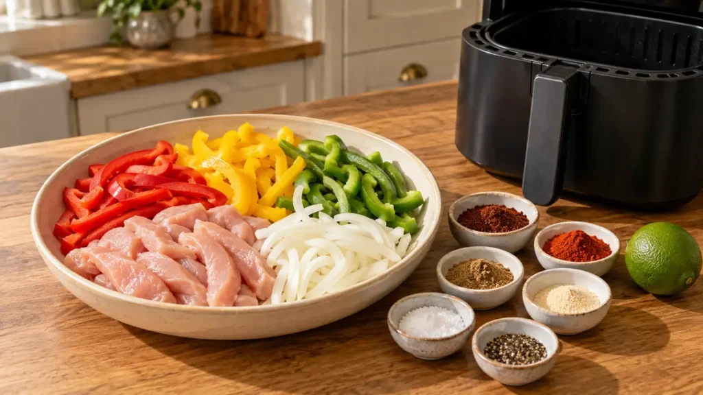Air Fryer Chicken Fajitas: Juicy Chicken & Peppers 2 Colorful vegetables and chicken pieces prepared for cooking.