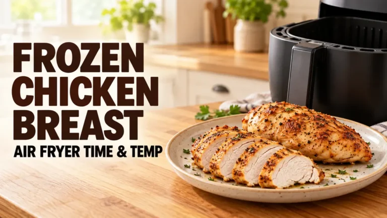 Frozen Chicken Breast in Air Fryer: Juicy From Frozen 9 Sliced air-fried frozen chicken breast on a plate.