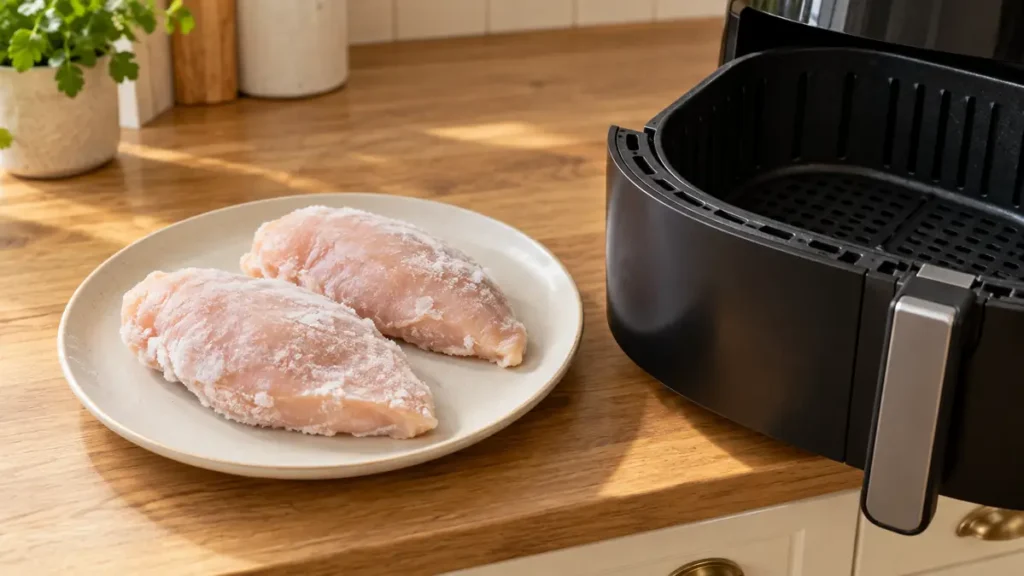 Two frozen chicken breasts on a plate beside an air fryer.