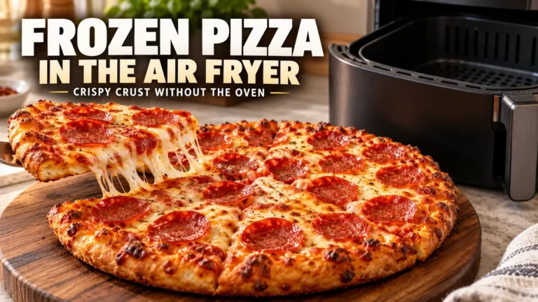 Frozen pepperoni pizza in an air fryer with melted cheese.
