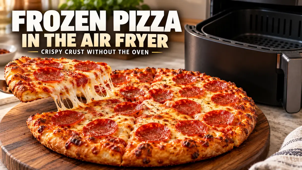 Frozen pepperoni pizza in an air fryer with melted cheese.