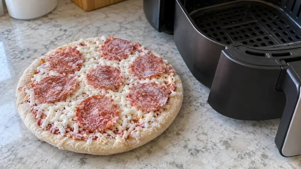 Frozen pepperoni pizza on a counter next to an air fryer