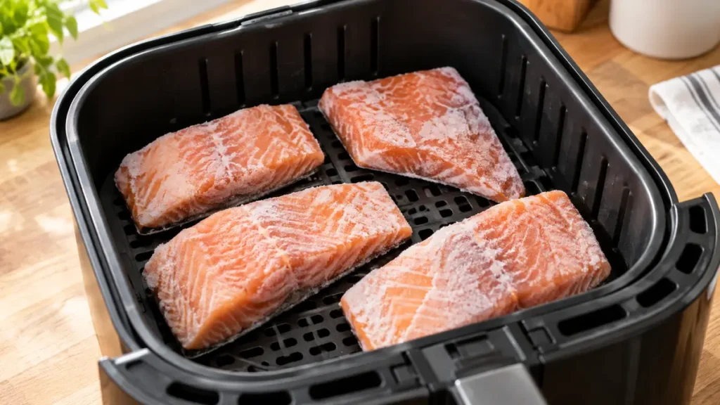 Frozen salmon fillets arranged in a single layer inside an air fryer basket.