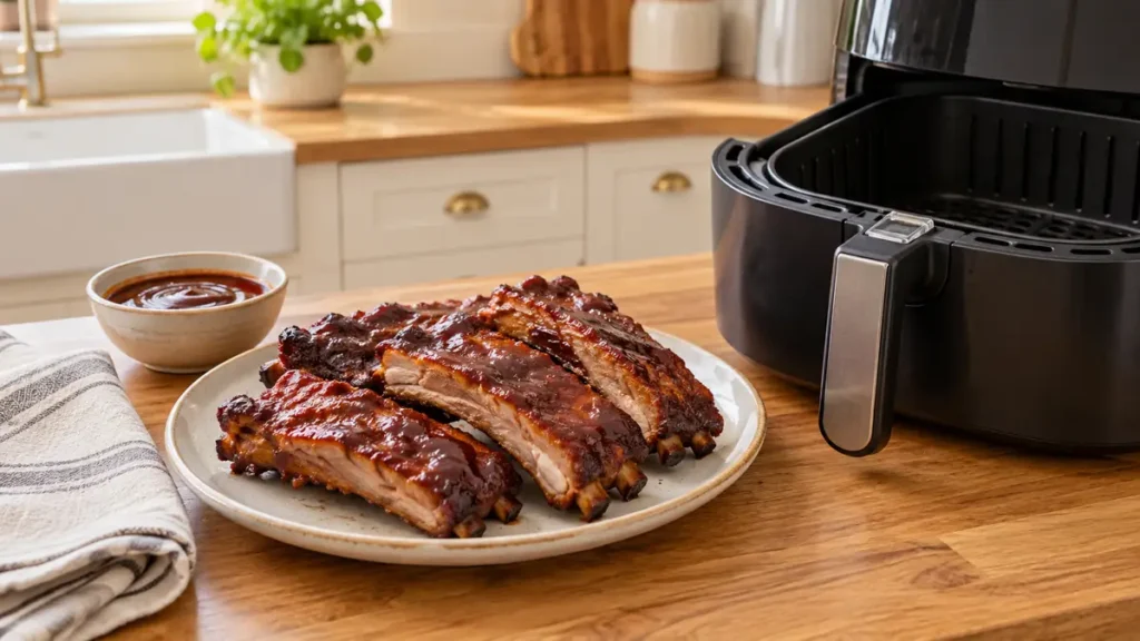 Plate of glazed BBQ ribs next to an air fryer