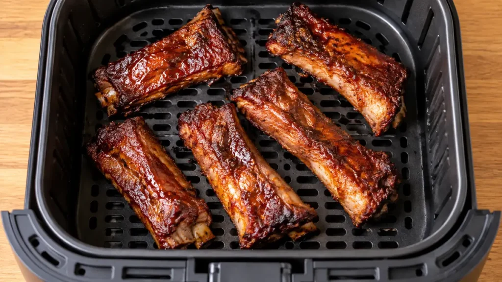 Five glazed BBQ ribs in an air fryer basket