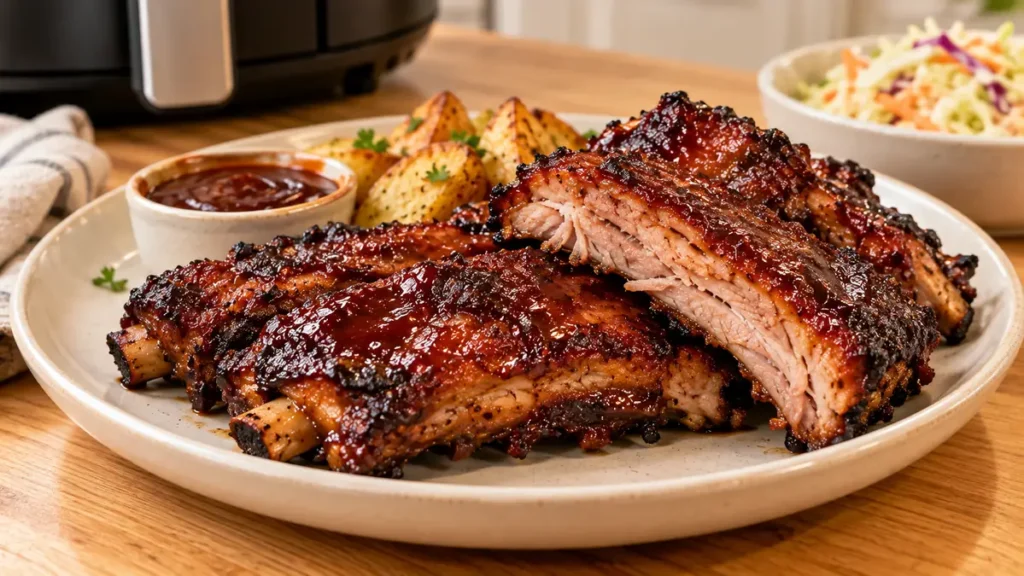 A plate of glazed BBQ ribs with sides of potatoes and coleslaw