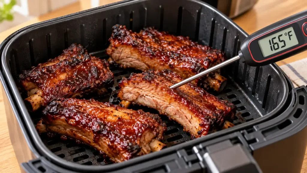 Four glazed ribs cooking in an air fryer with a thermometer inserted.