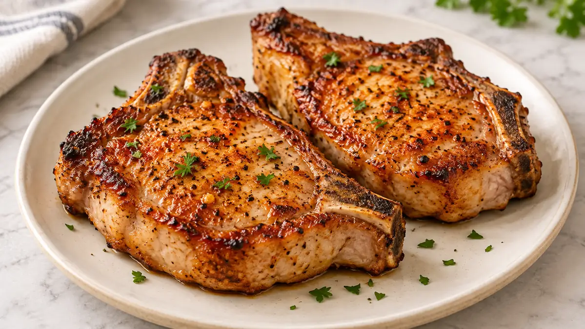 Two browned bone-in pork chops seasoned with paprika and herbs on a cream-colored plate