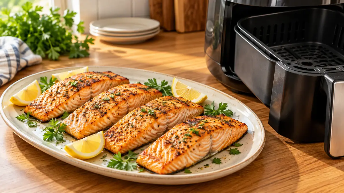 Golden herb-seasoned salmon fillets served with lemon beside an air fryer.