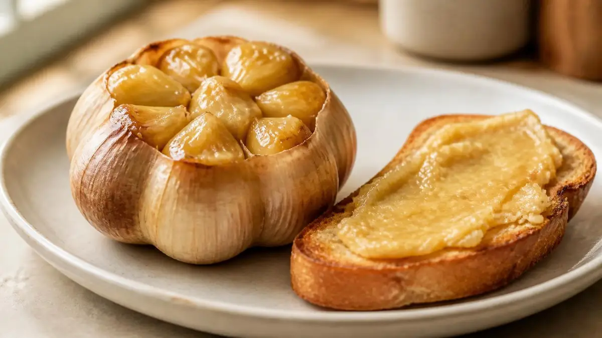 Whole roasted garlic bulbs with golden exposed cloves